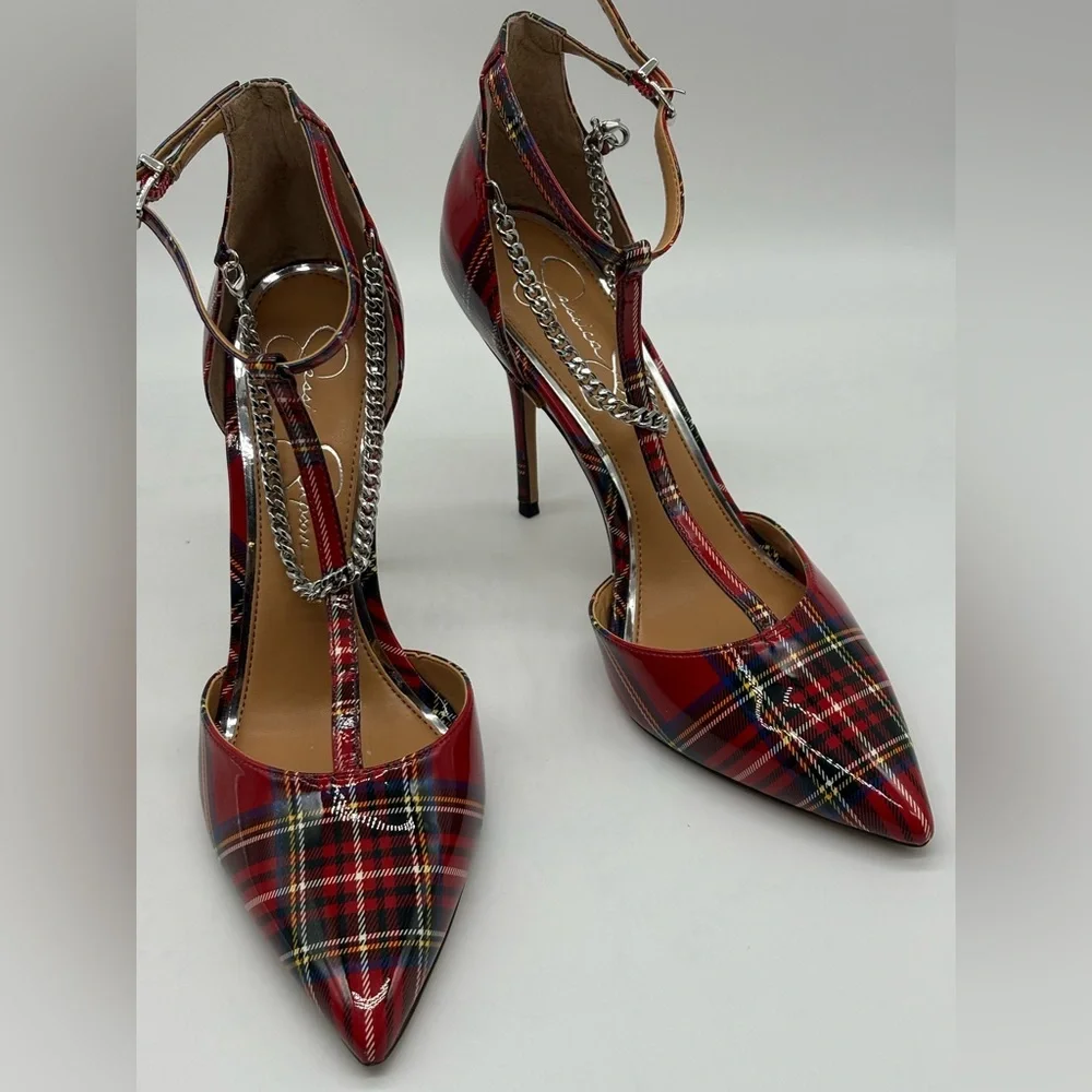 Jessica Simpson Red Plaid Heels with Chain Detail - Picture 4 of 7